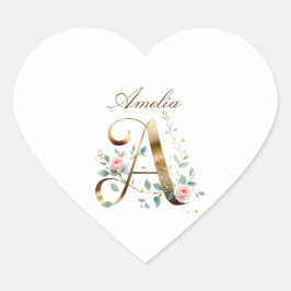 Custom Gold Floral Letter A Heart Envelope Seal Hart Sticker