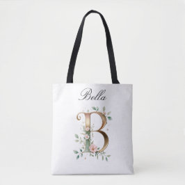 Custom Gold Floral Letter B All-Over Print Tote Bag