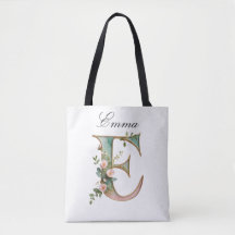 Custom Gold Floral Letter E All-Over Print Tote