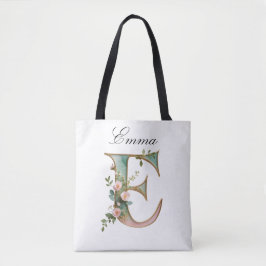 Custom Gold Floral Letter E All-Over Print Tote Bag
