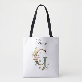 Custom Gold Floral Letter G All-Over Print Tote Bag