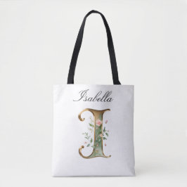 Custom Gold Floral Letter I All-Over Print Tote Bag