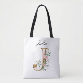 Custom Gold Floral Letter J All-Over Print Tote Bag