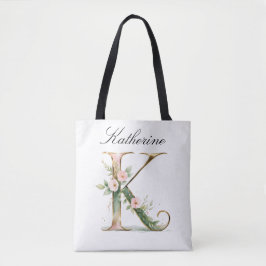 Custom Gold Floral Letter K All-Over Print Tote Bag
