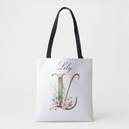 Custom Gold Floral Letter L All-Over Print Tote Bag
