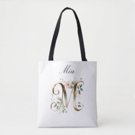 Custom Gold Floral Letter M All-Over Print Tote Bag
