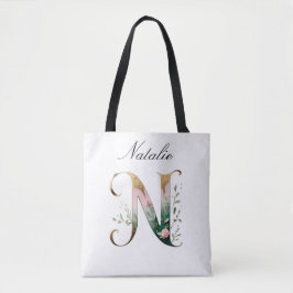 Custom Gold Floral Letter N All-Over Print Tote Bag