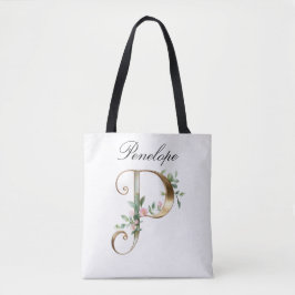 Custom Gold Floral Letter P All-Over Print Tote Bag
