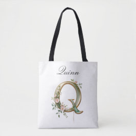 Custom Gold Floral Letter Q All-Over Print Tote Bag