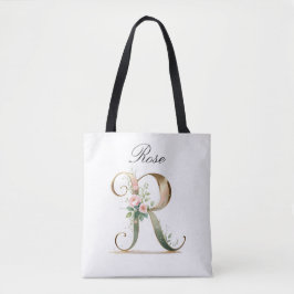 Custom Gold Floral Letter R All-Over Print Tote Bag
