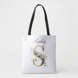 Custom Gold Floral Letter S All-Over Print Tote Bag