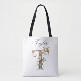 Custom Gold Floral Letter T All-Over Print Tote Bag
