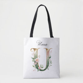 Custom Gold Floral Letter U All-Over Print Tote Bag
