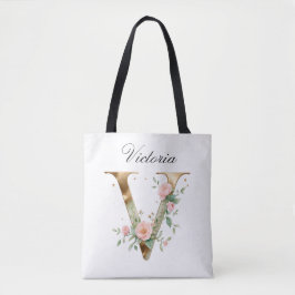 Custom Gold Floral Letter V All-Over Print Tote Bag