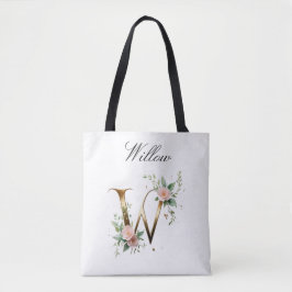 Custom Gold Floral Letter W All-Over Print Tote Bag