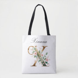 Custom Gold Floral Letter X All-Over Print Tote Bag
