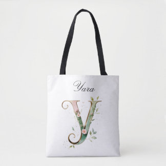 Custom Gold Floral Letter Y All-Over Print Tote Bag