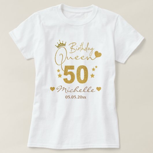 Custom Gold Glitter 50th Birthday Queen Women's T-shirt (Design voorkant)