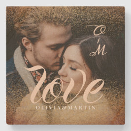 Custom Gold Glitter Couple Photo Monogramed Stenen Onderzetter