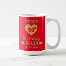 Custom Gold Glitter Heart Happy 50th Birthday Red