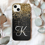 Custom Gold Glitter Zwart Sparkly Monogrammed<br><div class="desc">Pas dit trendy elegante telefoondoosontwerp eenvoudig aan met  roos gouden mousserende glitter op een zwarte geborstelde metalen achtergrond.</div>