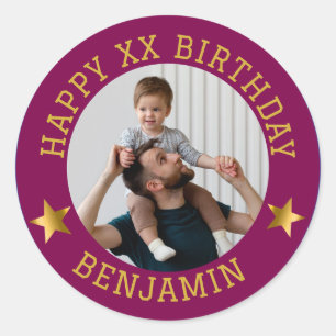 Custom Gold Happy Birthday Foto en Leeftijd Naam C Ronde Sticker