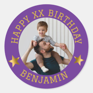 Custom Gold Happy Birthday Foto en Leeftijd Naam C Ronde Sticker
