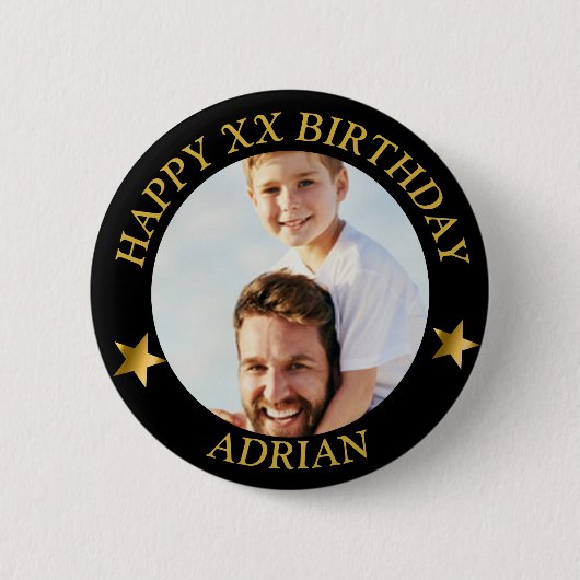 Custom Gold Happy Birthday Foto en leeftijd Naam Ronde Button 5,7 Cm (Voorkant)