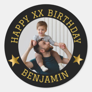 Custom Gold Happy Birthday Foto en leeftijd Naam Ronde Sticker