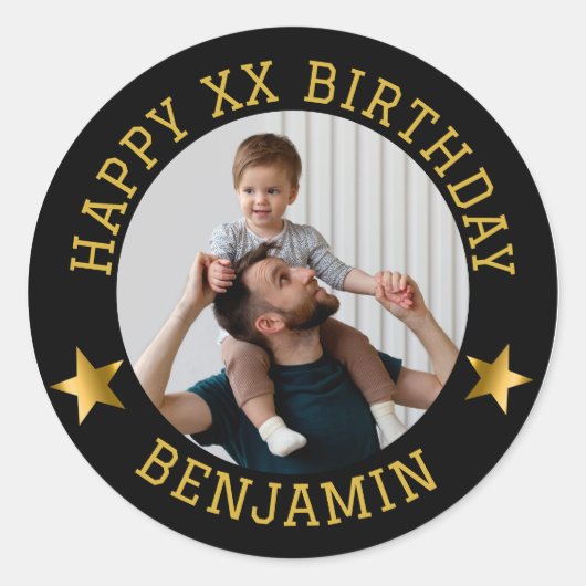 Custom Gold Happy Birthday Foto en leeftijd Naam Ronde Sticker (Voorkant)