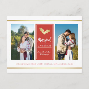 Custom Gold Holly Getrouwd Kerstvakantie Foto Feestdagenkaart