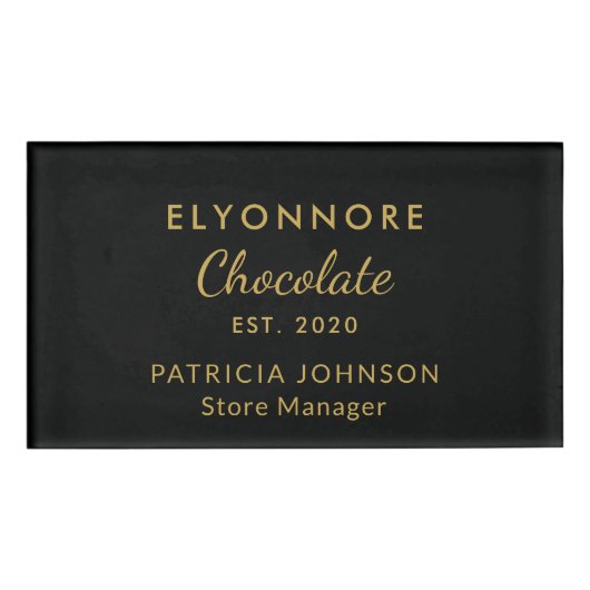 Custom Gold Script Minimal Chocolate Brand Staff Naambadge (Voorkant)