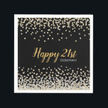 Custom Gold Silver Confetti 21st Birthday Party Servet<br><div class="desc">Voeg uw eigen speciale aanraking toe aan dit elegante model van een aangepast verjaardagsfeestje met een bijzonder gouden en zilveren confetti op een zwarte achtergrond,  moderne scripttypografie met de woorden "Happy 21st" en de naam van het verjaardagsmeisje.</div>