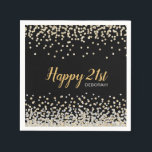Custom Gold Silver Confetti 21st Birthday Party Servet<br><div class="desc">Voeg uw eigen speciale aanraking toe aan dit elegante model van een aangepast verjaardagsfeestje met een bijzonder gouden en zilveren confetti op een zwarte achtergrond,  moderne scripttypografie met de woorden "Happy 21st" en de naam van het verjaardagsmeisje.</div>