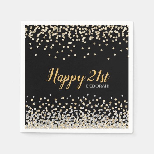 Custom Gold Silver Confetti 21st Birthday Party Servet (Voorkant)