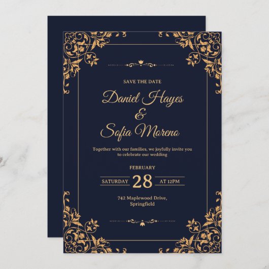 Custom Gold Wedding Invitation |  Kaart (Voorkant / Achterkant)
