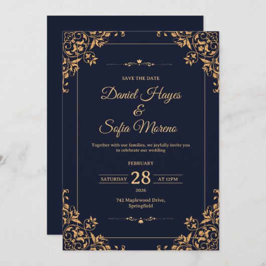 Custom Gold Wedding Invitation |  Kaart (Voorkant / Achterkant)