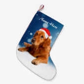 Custom Golden Retriever Dog Snow Stars Blauwe luch Kleine Kerstsok (Voorkant (Hangend))