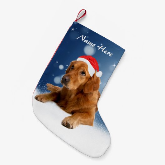 Custom Golden Retriever Dog Snow Stars Blauwe luch Kleine Kerstsok (Voorkant (Hangend))