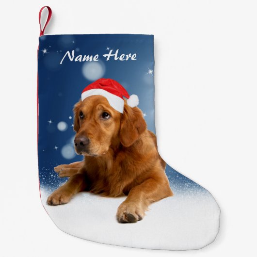Custom Golden Retriever Dog Snow Stars Blauwe luch Kleine Kerstsok (Voorkant)