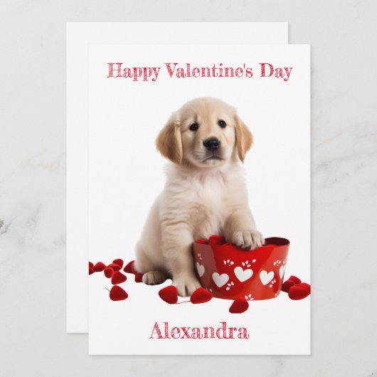 Custom Golden Retriever Pup met Basket Valentijn Feestdagenkaart (Voorkant / Achterkant)