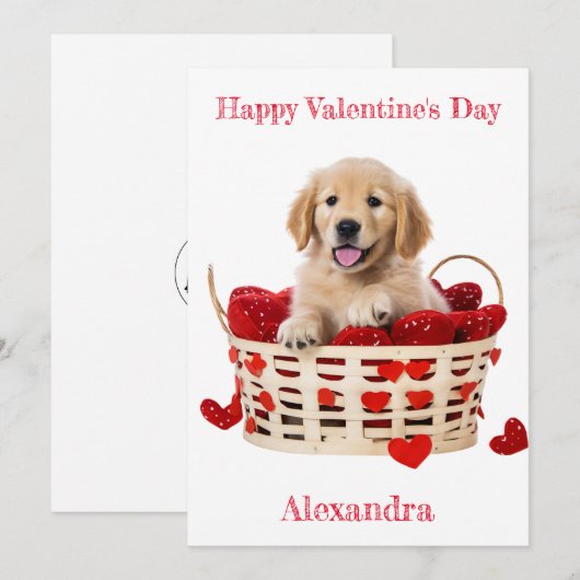 Custom Golden Retriever Puppy Red Hearts Valentijn Feestdagenkaart (Voorkant / Achterkant)