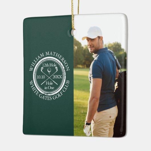 Custom Golf Hole in One Photo Golfer Emerald Keramisch Ornament (Links)