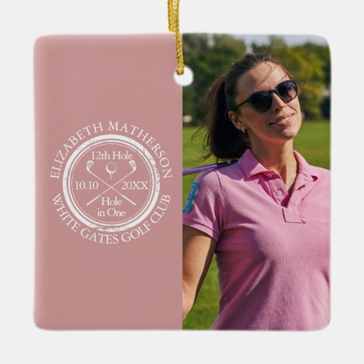 Custom Golf Hole in One Photo Golfer Pink Keramisch Ornament (Voorkant)