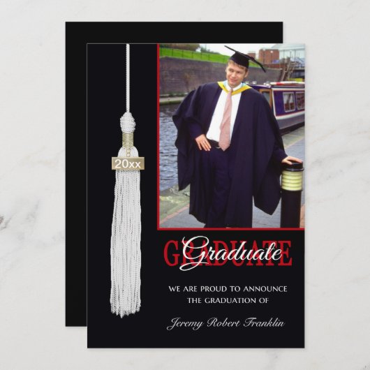 Custom Graduation Party nodigt Red & Black Tassel Kaart (Voorkant / Achterkant)