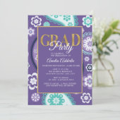 Custom Graduy Party Paars Blauwgroen Gold Paisley Kaart (Staand voorkant)