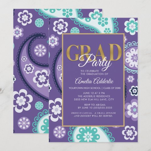 Custom Graduy Party Paars Blauwgroen Gold Paisley Kaart (Voorkant / Achterkant)
