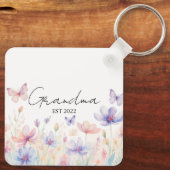 Custom Grandma Est. Year - Flower and Butterfly Sleutelhanger (Achterkant)