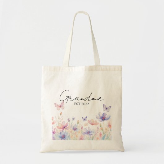 Custom Grandma Est. Year -  Flower and Butterfly  Tote Bag (Voorkant)