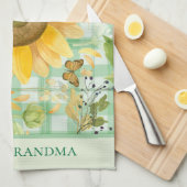 Custom Grandma Green Gingham Sunflower Butterfly Theedoek (Quarter Fold)